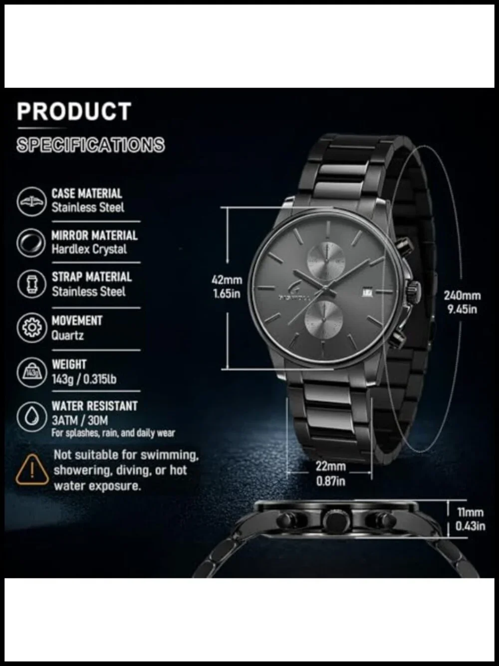 Men's Stainless Steel Chronograph Watch with Date, Japanese Quartz, 3ATM